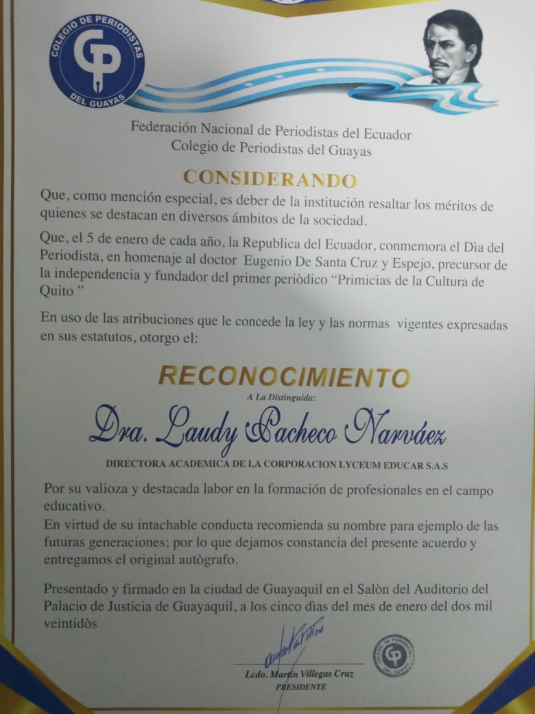 RECONOCIMIENTO Colegio de Periodistas del Guayas